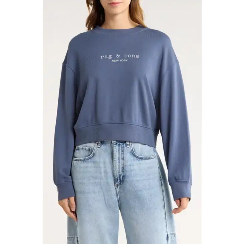 NWOT Rag & Bone Logo Terry Pullover Sweatshirt Dropped Shoulder Blue Size Small